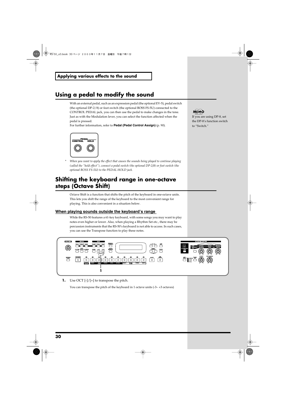 In octave steps (maximum +/-3 octaves) (p. 30), Using a pedal to modify the sound | Roland RS-50 User Manual | Page 30 / 132