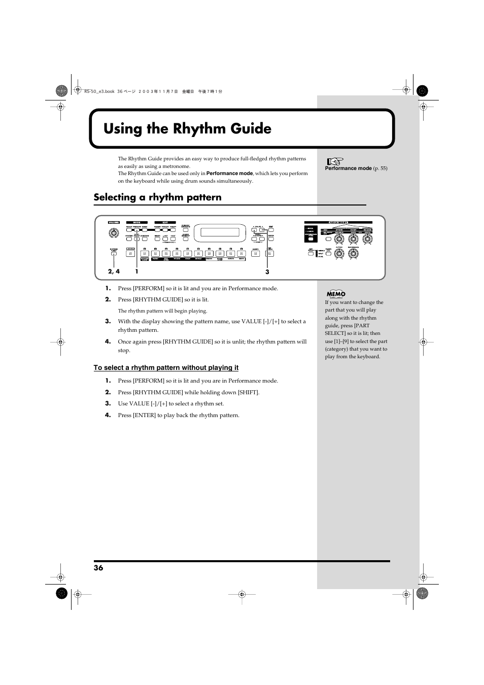 Using the rhythm guide, Switches rhythm guide function on/off (p. 36), Selecting a rhythm pattern | Roland RS-50 User Manual | Page 36 / 132