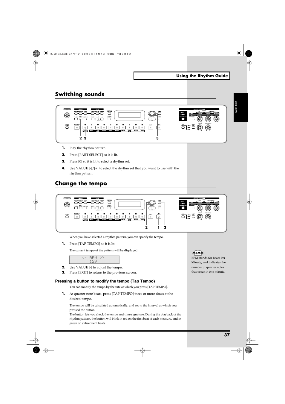 Desired (p. 37), Switching sounds, Change the tempo | Roland RS-50 User Manual | Page 37 / 132