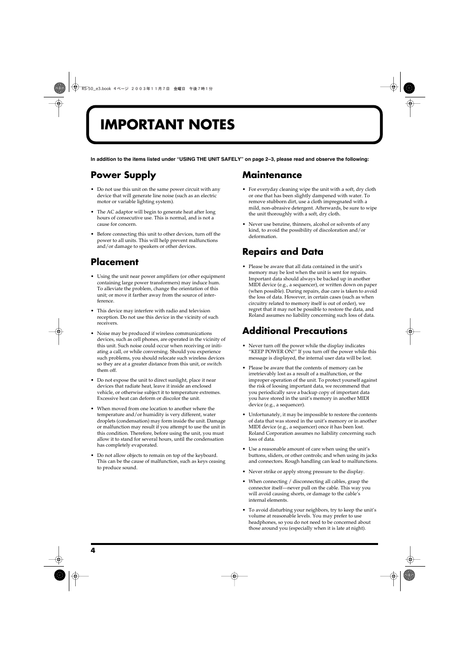 Important notes, Power supply, Placement | Maintenance, Repairs and data, Additional precautions | Roland RS-50 User Manual | Page 4 / 132