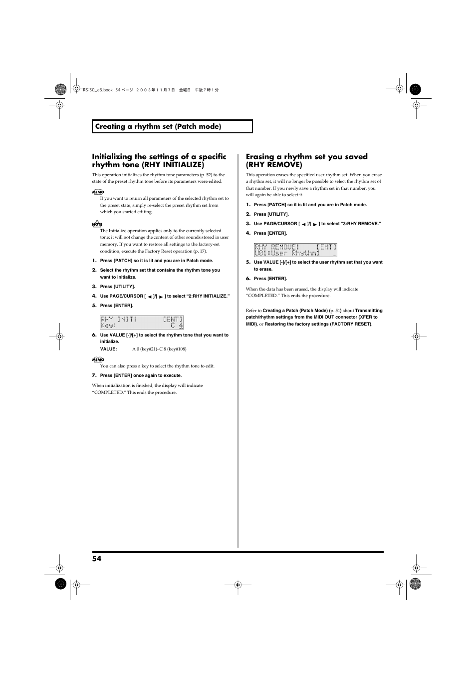 Erasing a rhythm set you saved (rhy remove), 54 creating a rhythm set (patch mode) | Roland RS-50 User Manual | Page 54 / 132