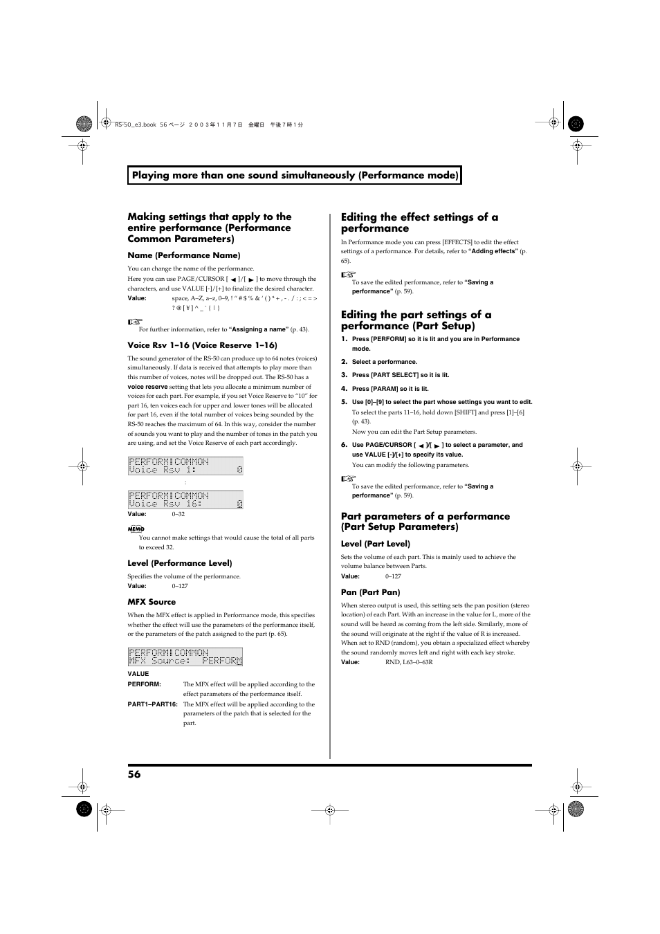 Editing the effect settings of a performance, Effect settings for the performance (p. 56), Performance part settings (p. 56) | Roland RS-50 User Manual | Page 56 / 132