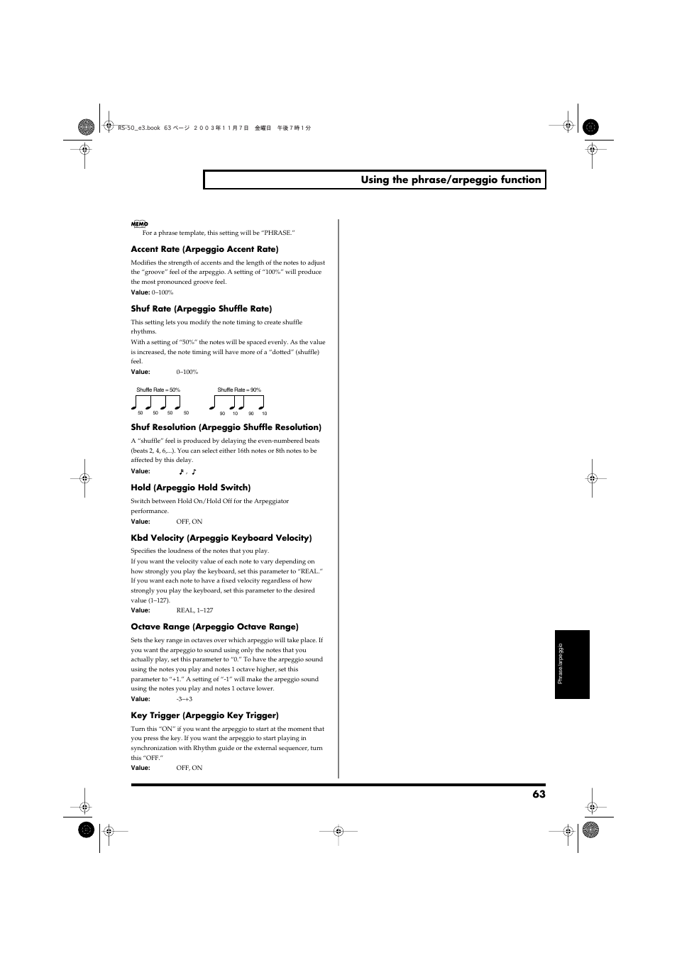 63 using the phrase/arpeggio function | Roland RS-50 User Manual | Page 63 / 132