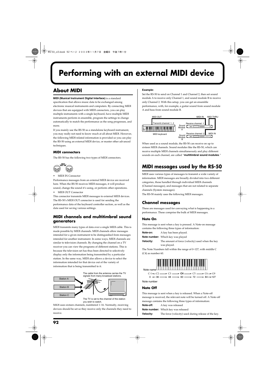 Performing with an external midi device, About midi, Midi messages used by the rs-50 | About midi midi messages used by the rs-50, Midi channels and multitimbral sound generators, Channel messages | Roland RS-50 User Manual | Page 92 / 132