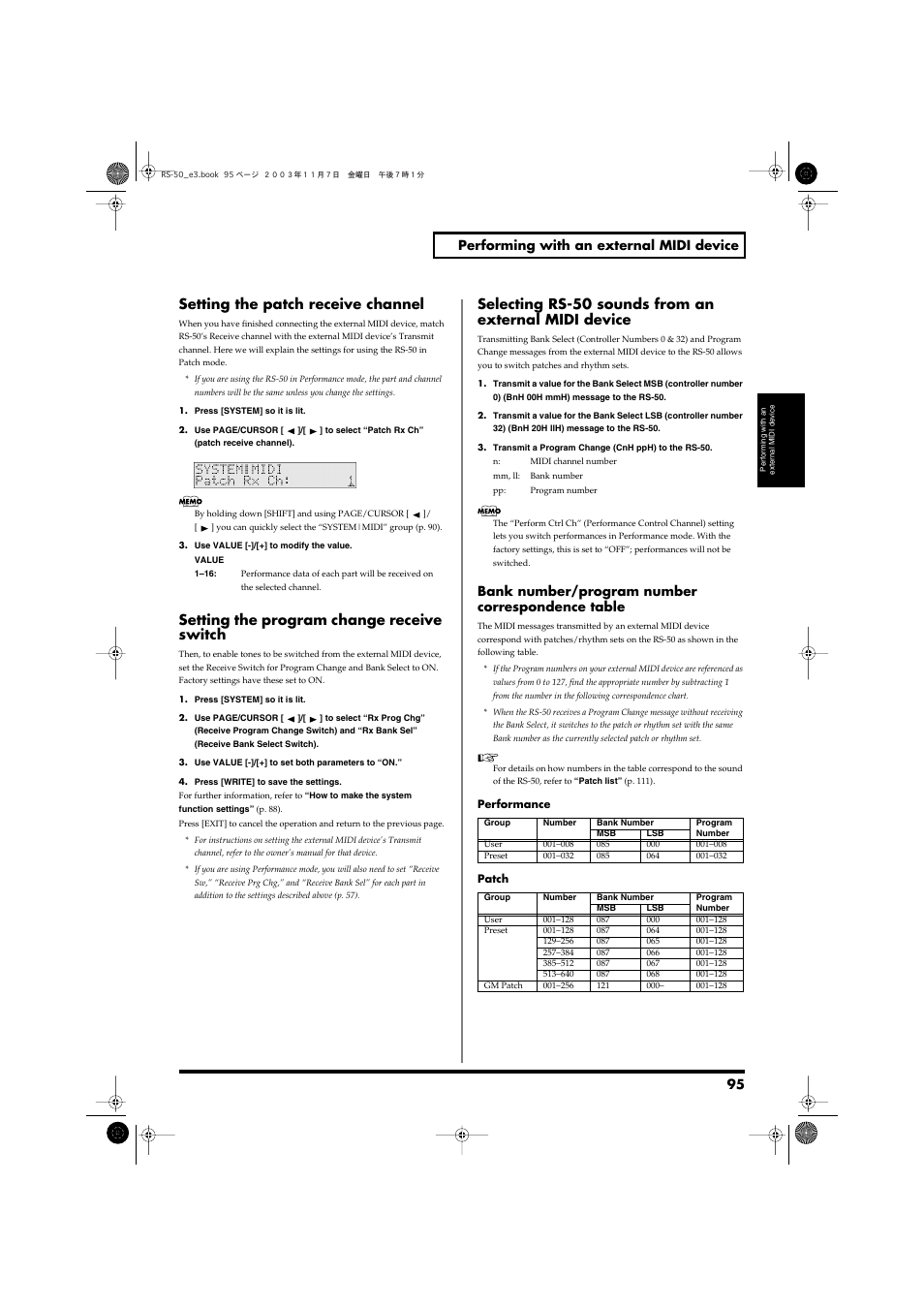 Setting the patch receive channel, Setting the program change receive switch, Bank number | Program number correspondence table, P. 95). this will, 95 performing with an external midi device, Bank number/program number correspondence table | Roland RS-50 User Manual | Page 95 / 132