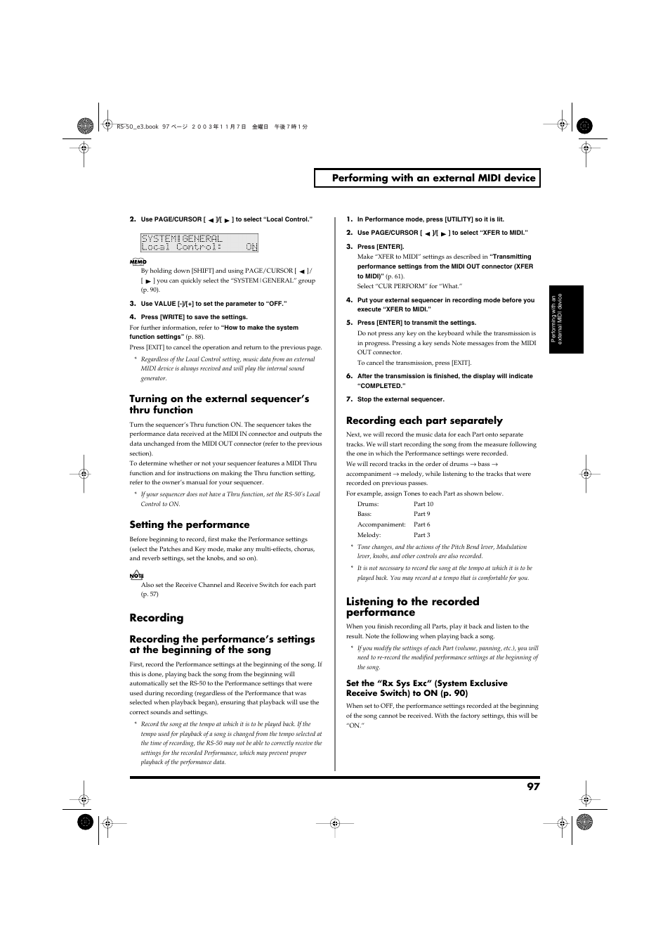 Recording, Listening to the recorded performance, Recording listening to the recorded performance | Set the performance (p. 97), 97 performing with an external midi device, Turning on the external sequencer’s thru function, Setting the performance, Recording each part separately | Roland RS-50 User Manual | Page 97 / 132