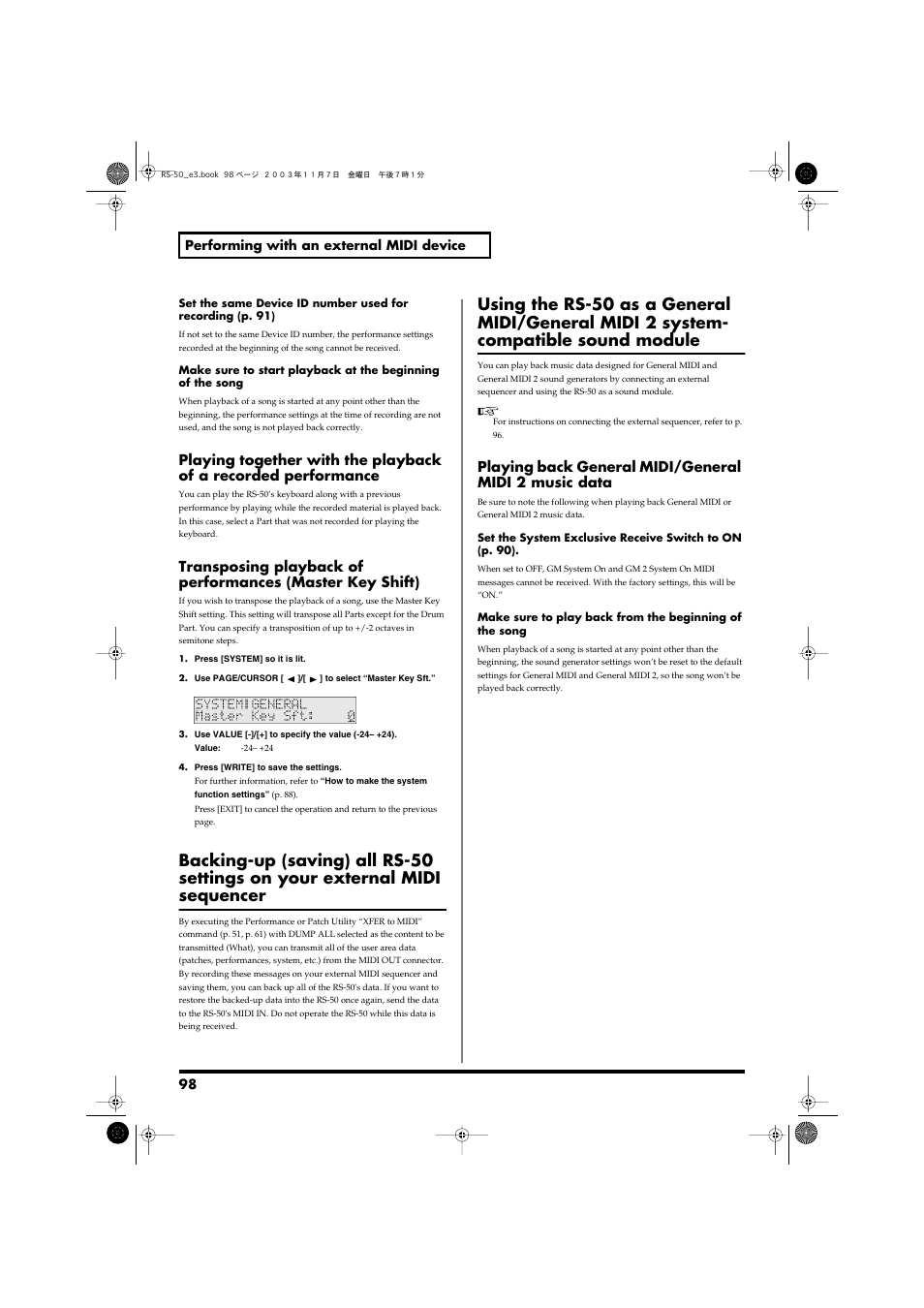 And other data to sequencers (p. 98) | Roland RS-50 User Manual | Page 98 / 132