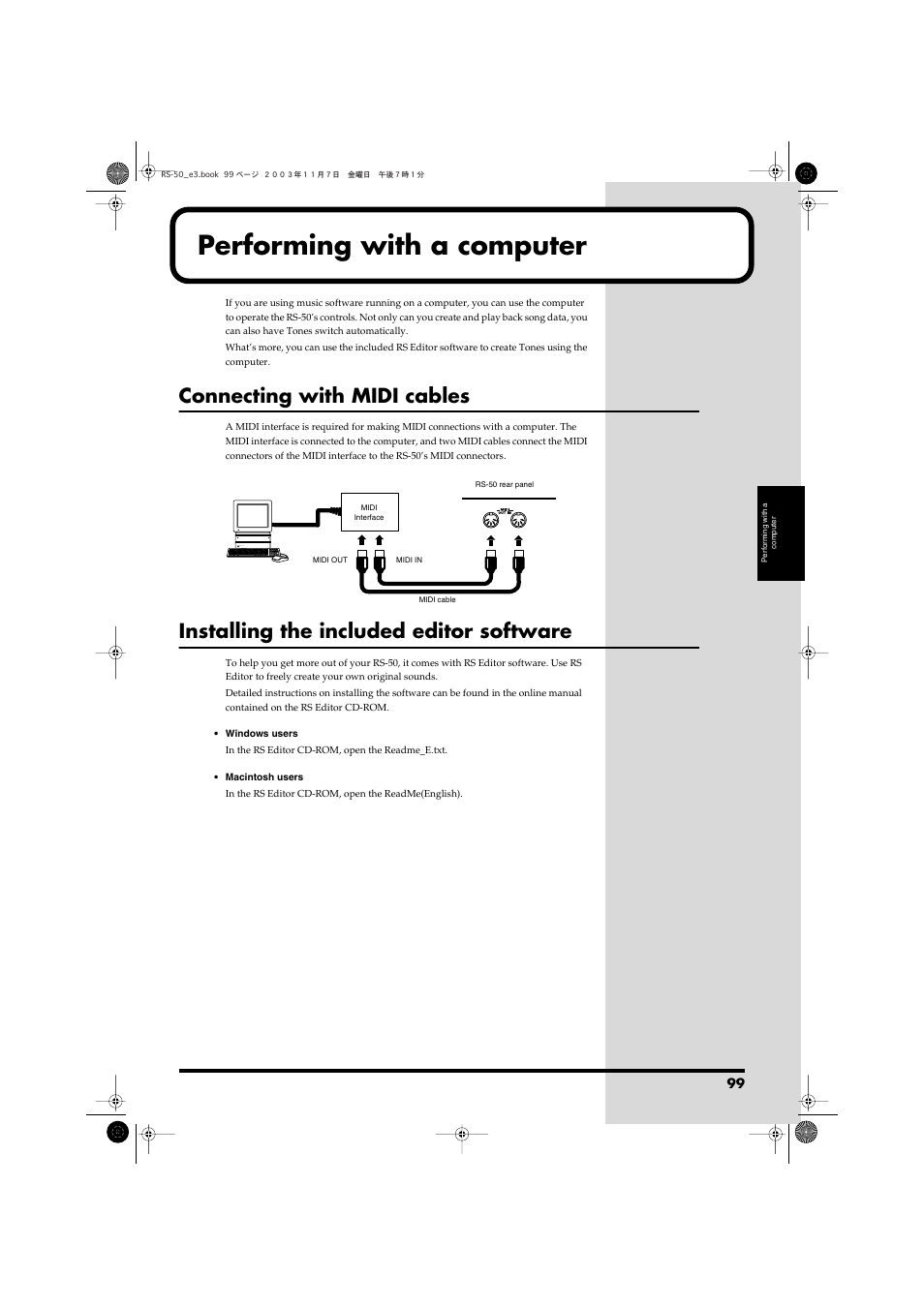 Performing with a computer, Connecting with midi cables, Installing the included editor software | Roland RS-50 User Manual | Page 99 / 132
