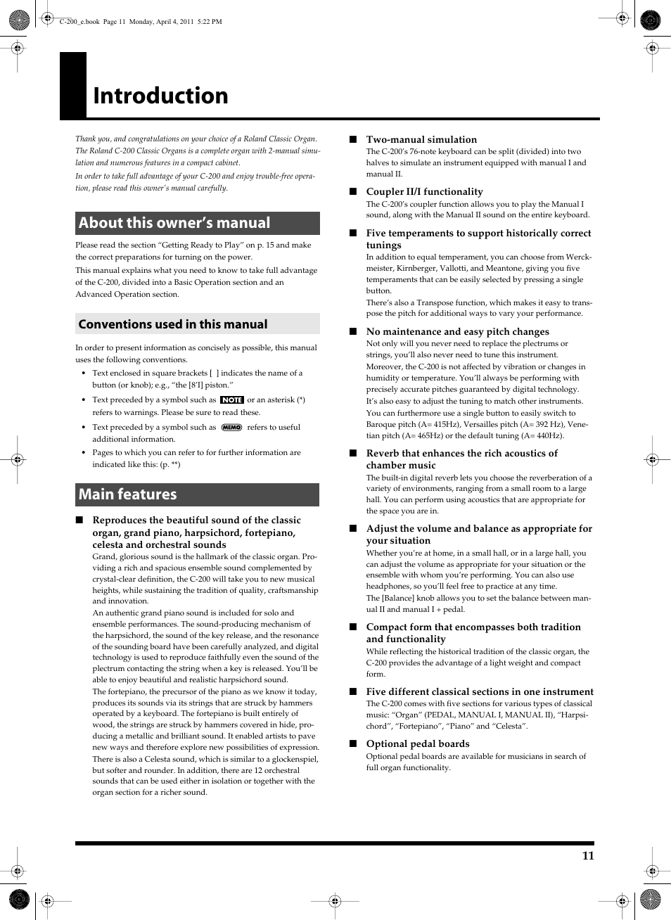 Introduction, About this owner’s manual, Main features | About this owner’s manual main features, Conventions used in this manual | Roland Classic Organ C-200 User Manual | Page 11 / 52