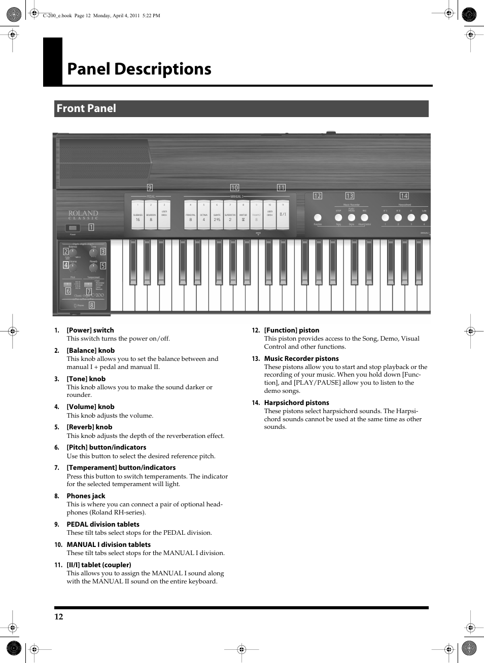 Panel descriptions, Front panel | Roland Classic Organ C-200 User Manual | Page 12 / 52