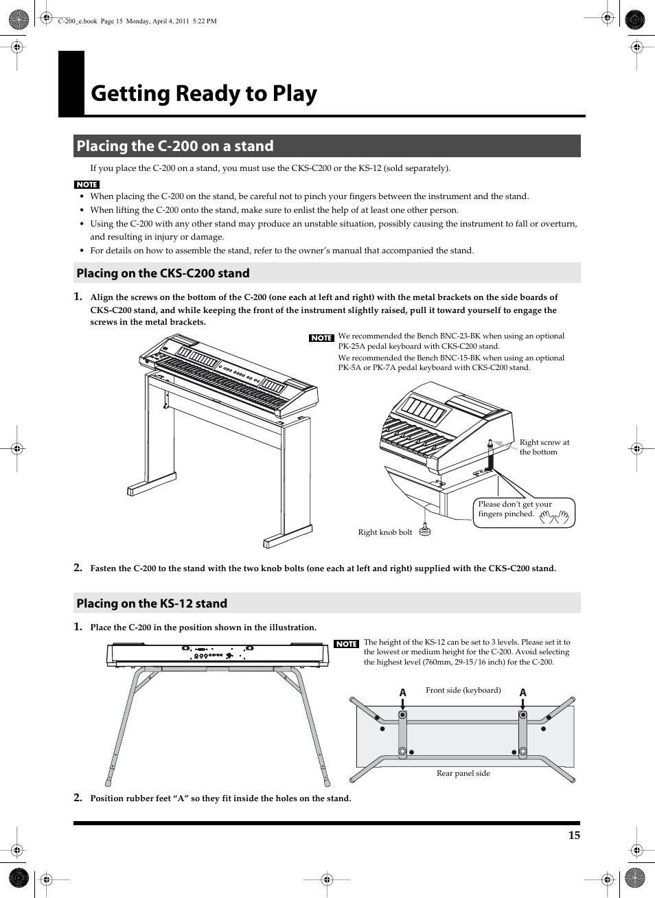 Getting ready to play, Placing the c200 on a stand, Placing on the cks-c200 stand | Placing on the ks12 stand, Placing the c-200 on a stand | Roland Classic Organ C-200 User Manual | Page 15 / 52