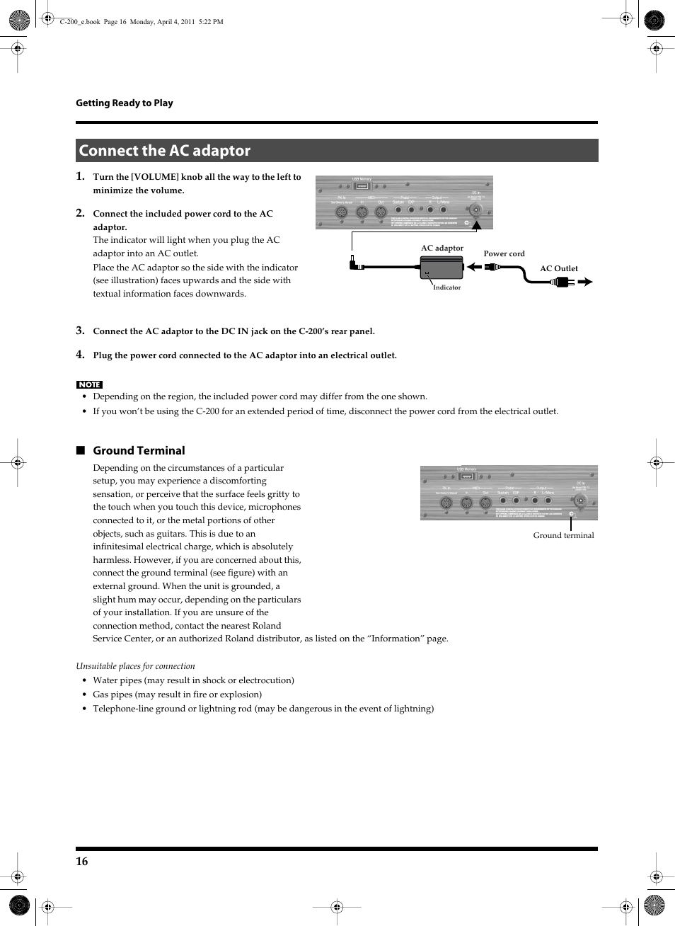 Connect the ac adaptor, Also p. 16, See p. 16 for details about this terminal | Roland Classic Organ C-200 User Manual | Page 16 / 52