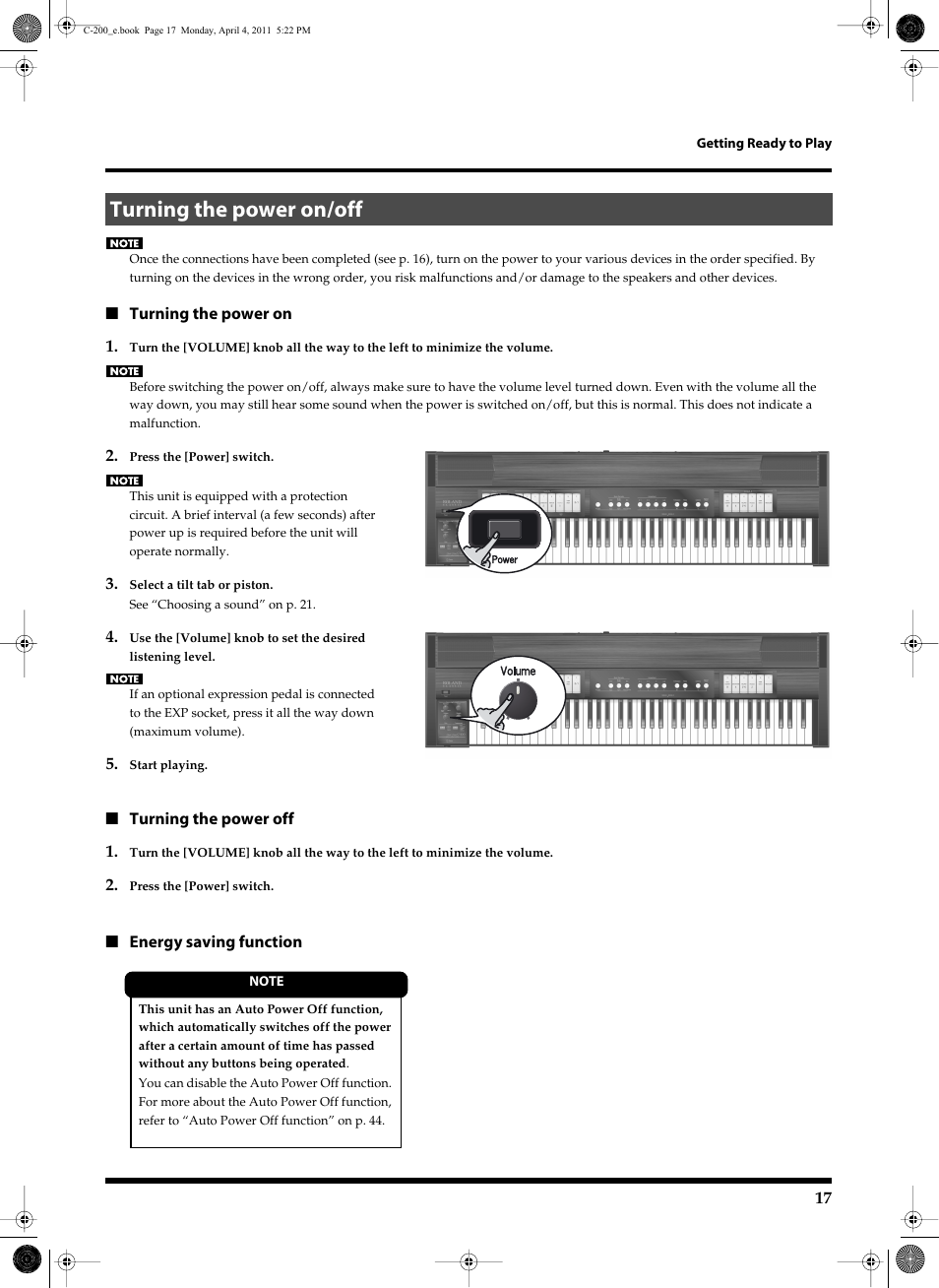 Turning the power on/off | Roland Classic Organ C-200 User Manual | Page 17 / 52