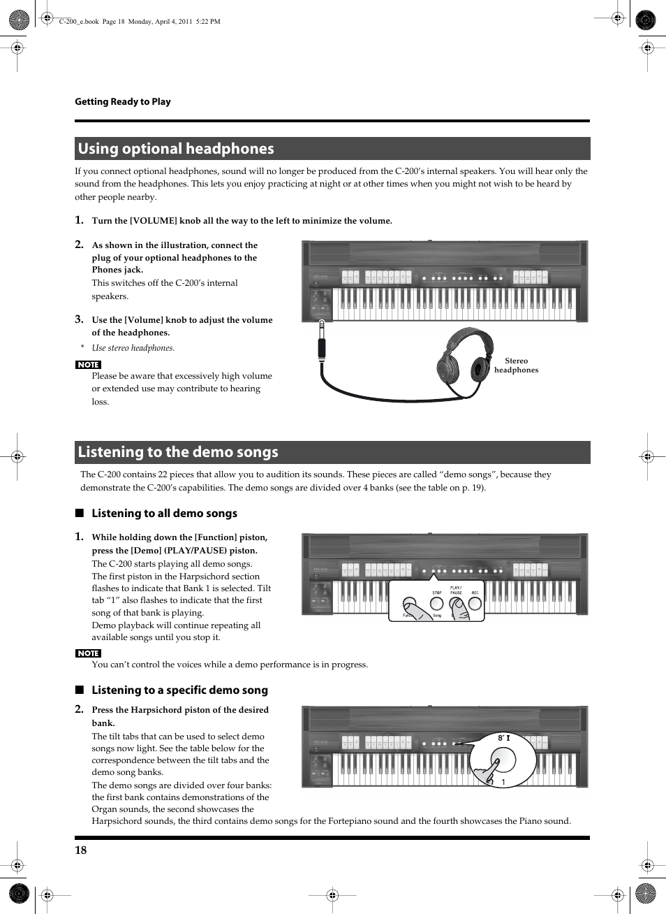 Using optional headphones, Listening to the demo songs | Roland Classic Organ C-200 User Manual | Page 18 / 52