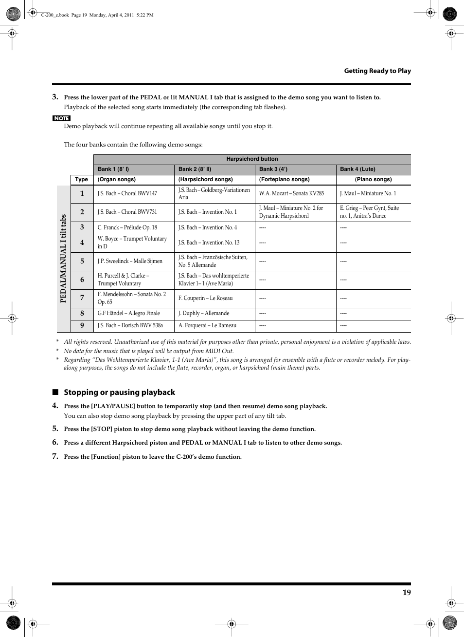 Stopping or pausing playback 4 | Roland Classic Organ C-200 User Manual | Page 19 / 52