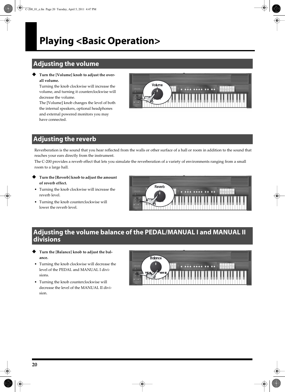 Playing <basic operation, Adjusting the volume, Adjusting the reverb | Roland Classic Organ C-200 User Manual | Page 20 / 52