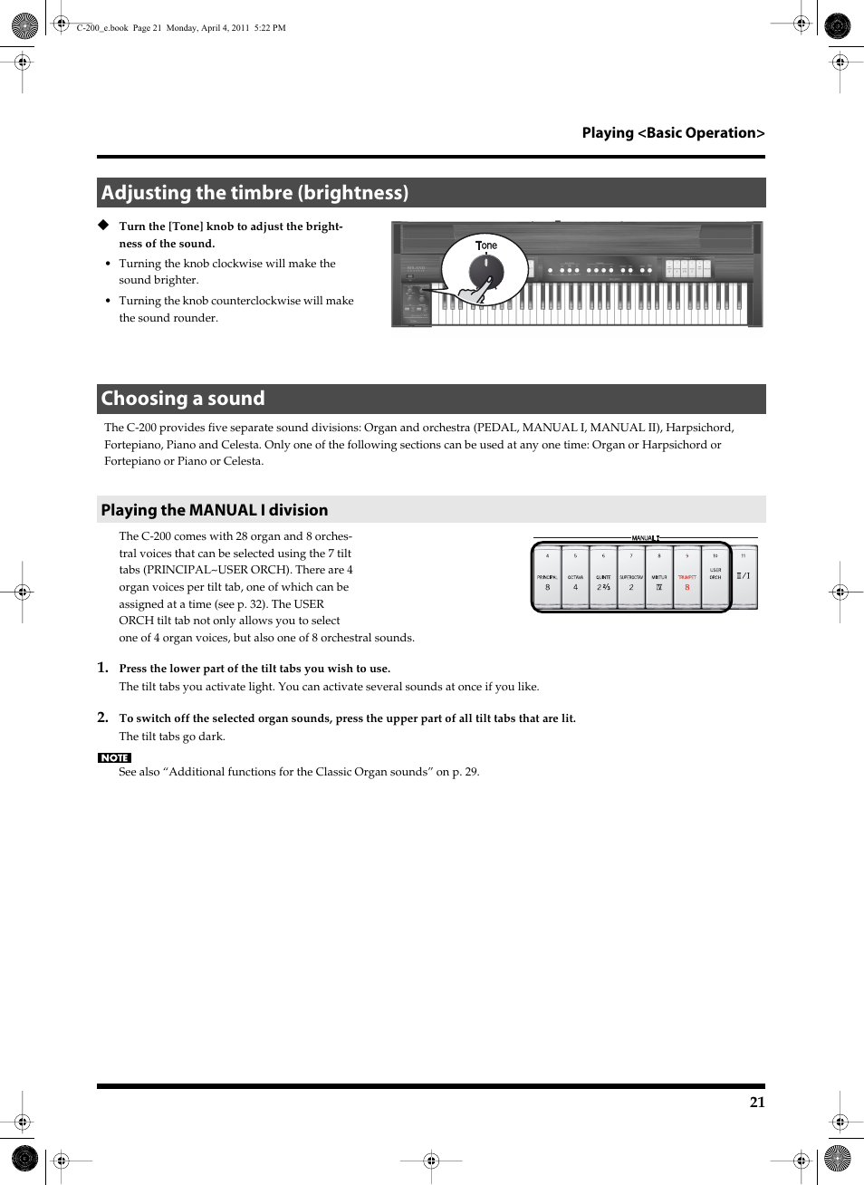 Adjusting the timbre (brightness), Choosing a sound, Playing the manuali division | Adjusting the timbre (brightness) choosing a sound, Playing the manual i division, See “choosing a sound” on p. 21 | Roland Classic Organ C-200 User Manual | Page 21 / 52