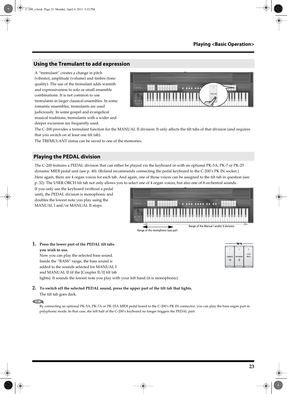 Using the tremulant to add expression, Playing the pedal division, 23 playing <basic operation | Roland Classic Organ C-200 User Manual | Page 23 / 52