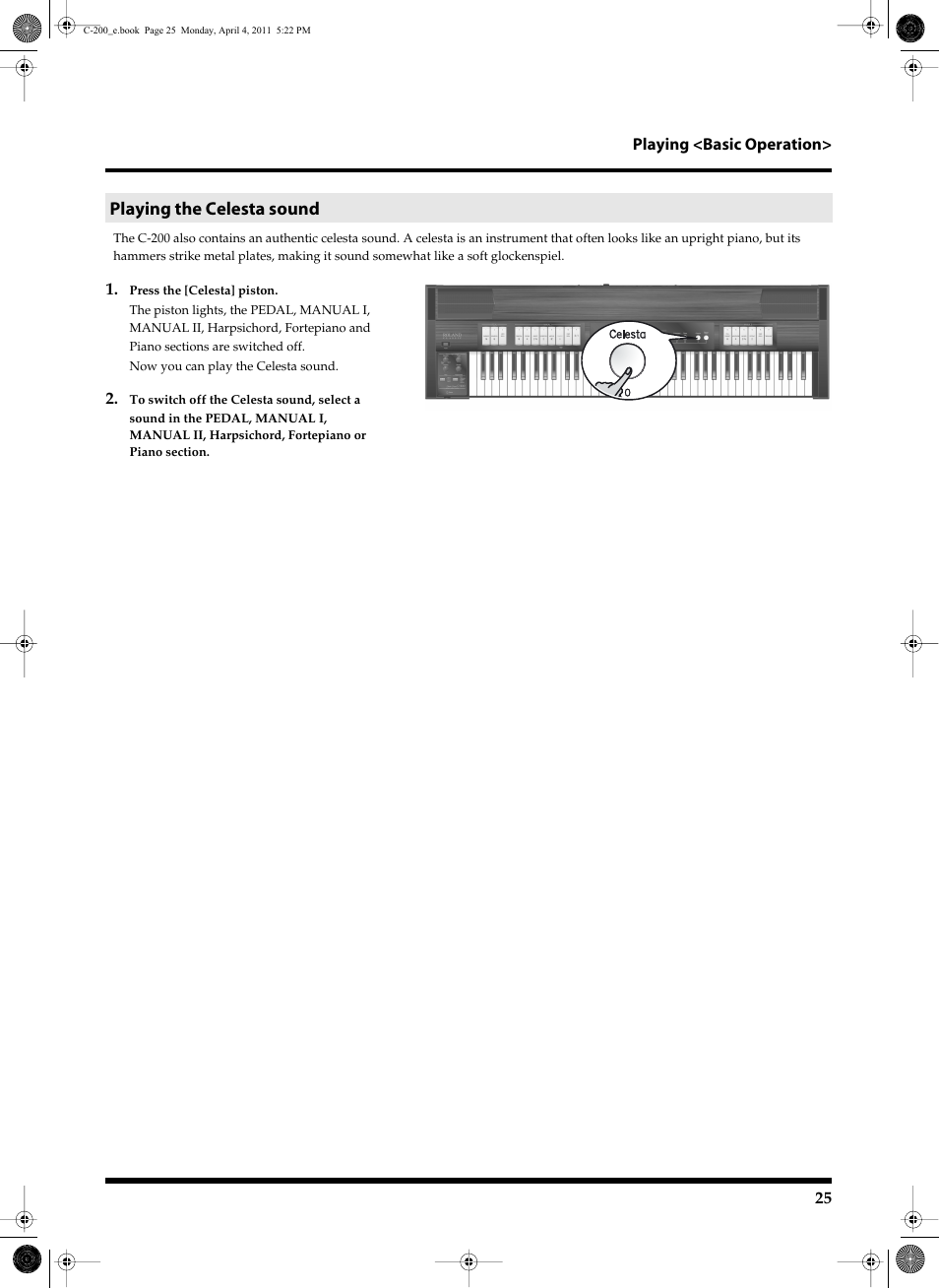 Playing the celesta sound | Roland Classic Organ C-200 User Manual | Page 25 / 52