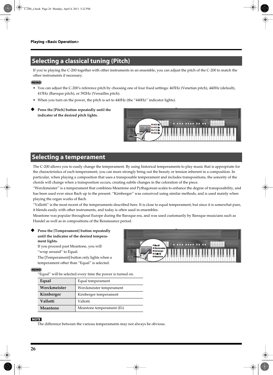 Selecting a classical tuning (pitch), Selecting a temperament | Roland Classic Organ C-200 User Manual | Page 26 / 52