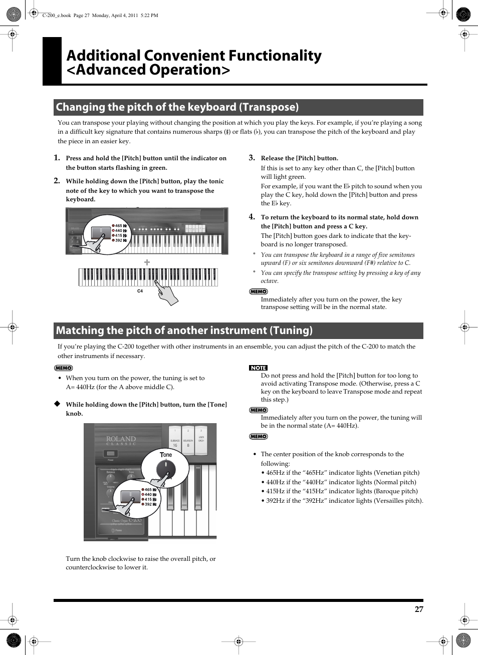 Changing the pitch of the keyboard (transpose), Matching the pitch of another instrument (tuning) | Roland Classic Organ C-200 User Manual | Page 27 / 52