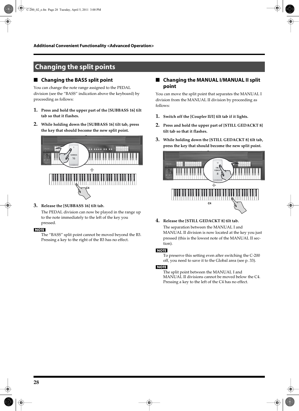 Changing the split points | Roland Classic Organ C-200 User Manual | Page 28 / 52