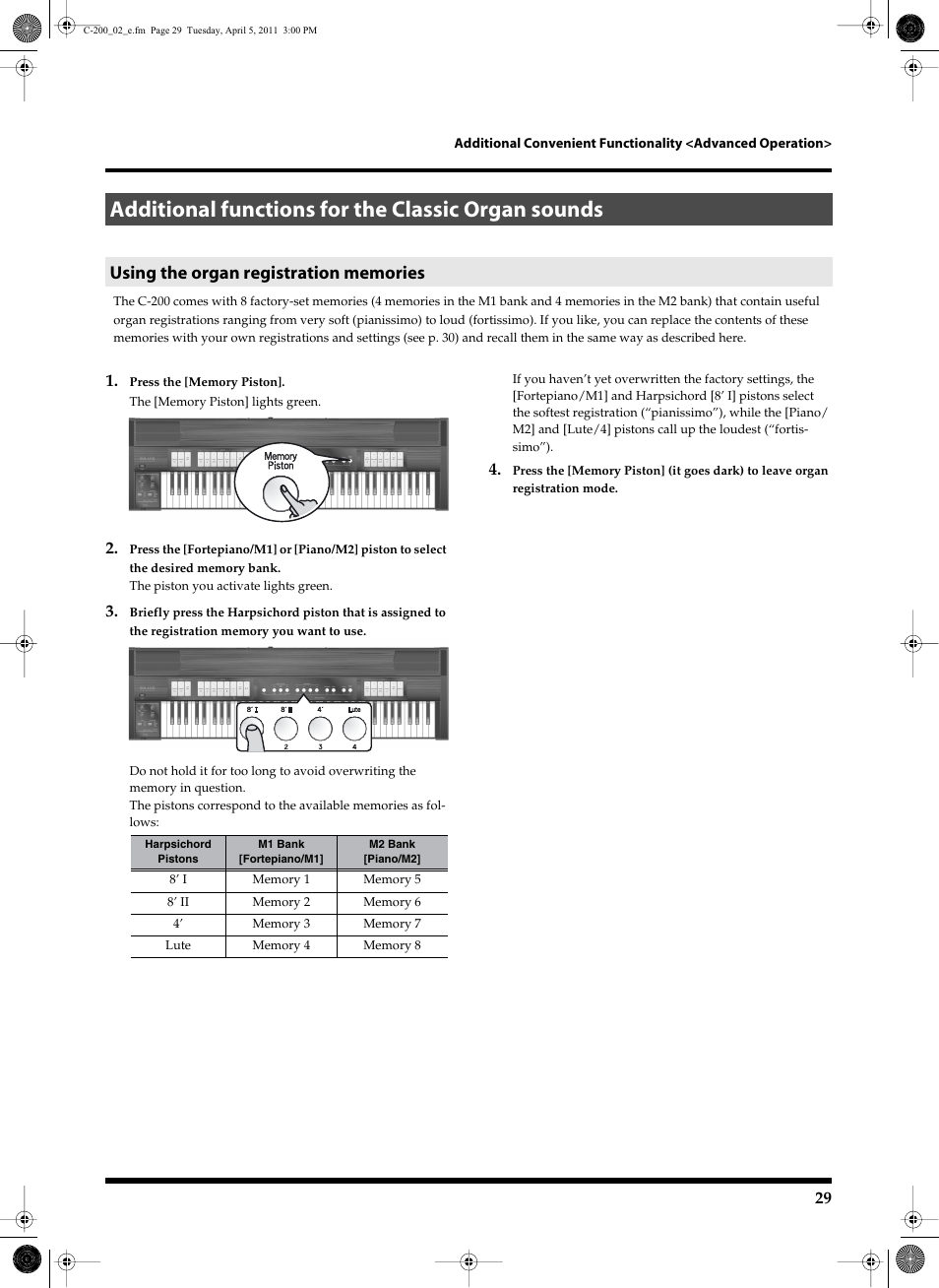 Additional functions for the classic organ sounds, Using the organ registration memories | Roland Classic Organ C-200 User Manual | Page 29 / 52