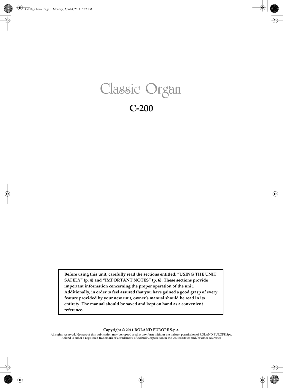 C-200 | Roland Classic Organ C-200 User Manual | Page 3 / 52