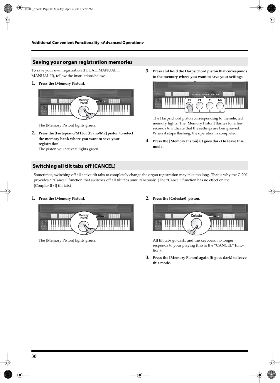 Saving your organ registration memories, Switching all tilt tabs off (cancel) | Roland Classic Organ C-200 User Manual | Page 30 / 52