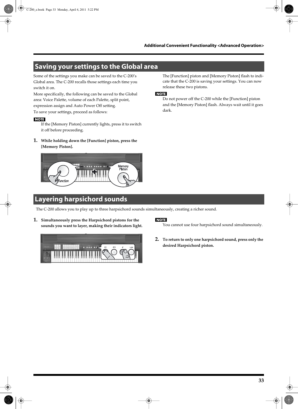 Saving your settings to the global area, Layering harpsichord sounds, In the c-200’s global area (see p. 33) | Roland Classic Organ C-200 User Manual | Page 33 / 52