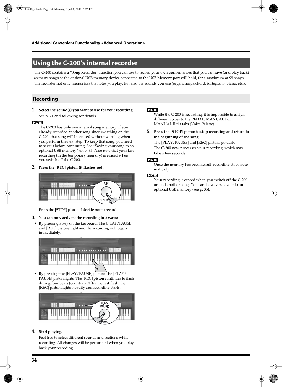 Using the c200’s internal recorder, Recording, Using the c-200’s internal recorder | Roland Classic Organ C-200 User Manual | Page 34 / 52