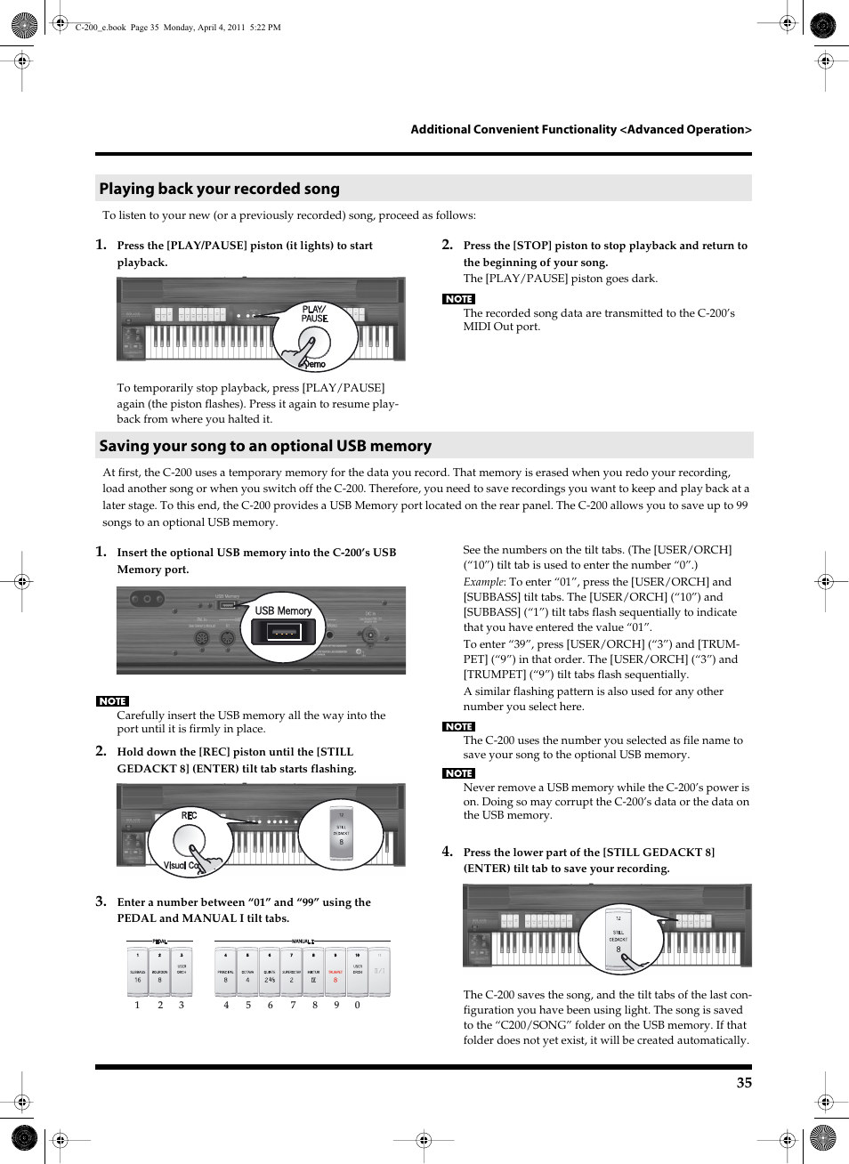 Playing back your recorded song, Saving your song to an optional usb memory | Roland Classic Organ C-200 User Manual | Page 35 / 52