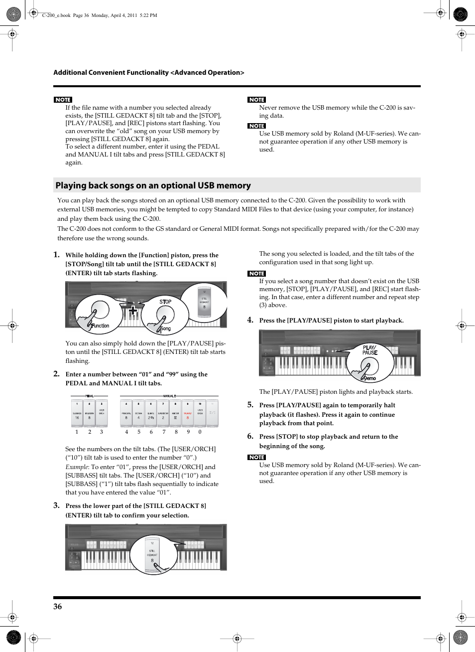 Playing back songs on an optional usb memory | Roland Classic Organ C-200 User Manual | Page 36 / 52