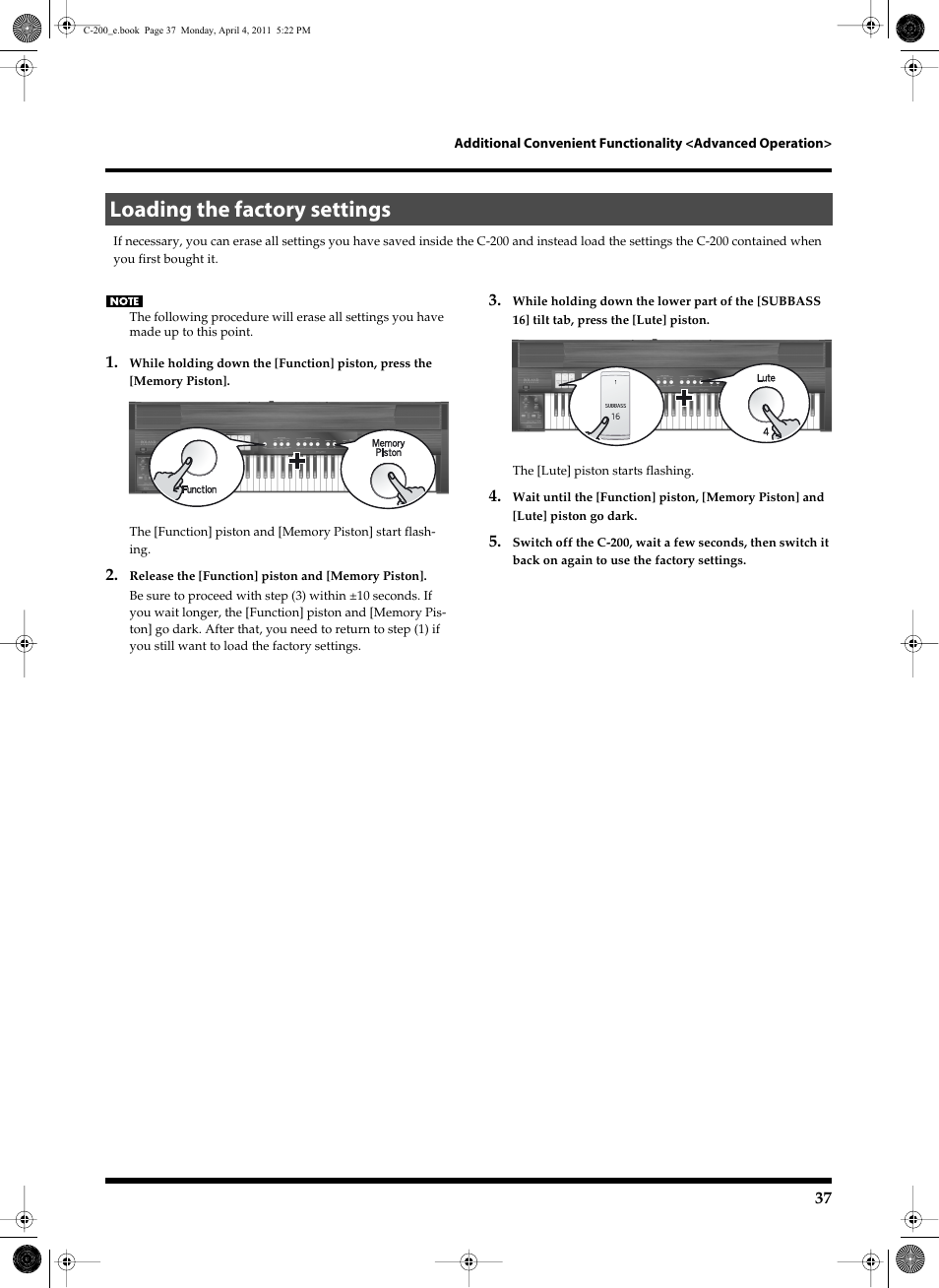 Loading the factory settings | Roland Classic Organ C-200 User Manual | Page 37 / 52