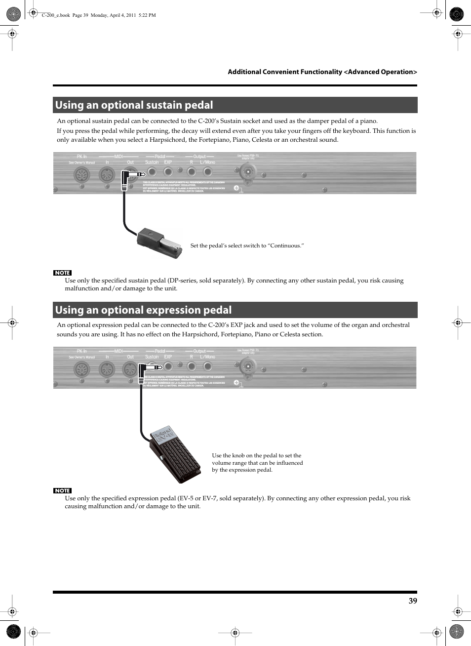 Using an optional sustain pedal, Using an optional expression pedal | Roland Classic Organ C-200 User Manual | Page 39 / 52