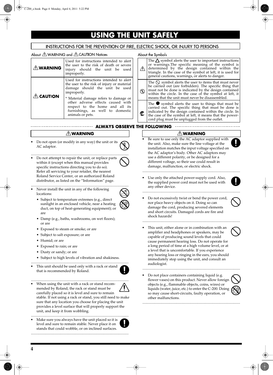 Using the unit safely | Roland Classic Organ C-200 User Manual | Page 4 / 52