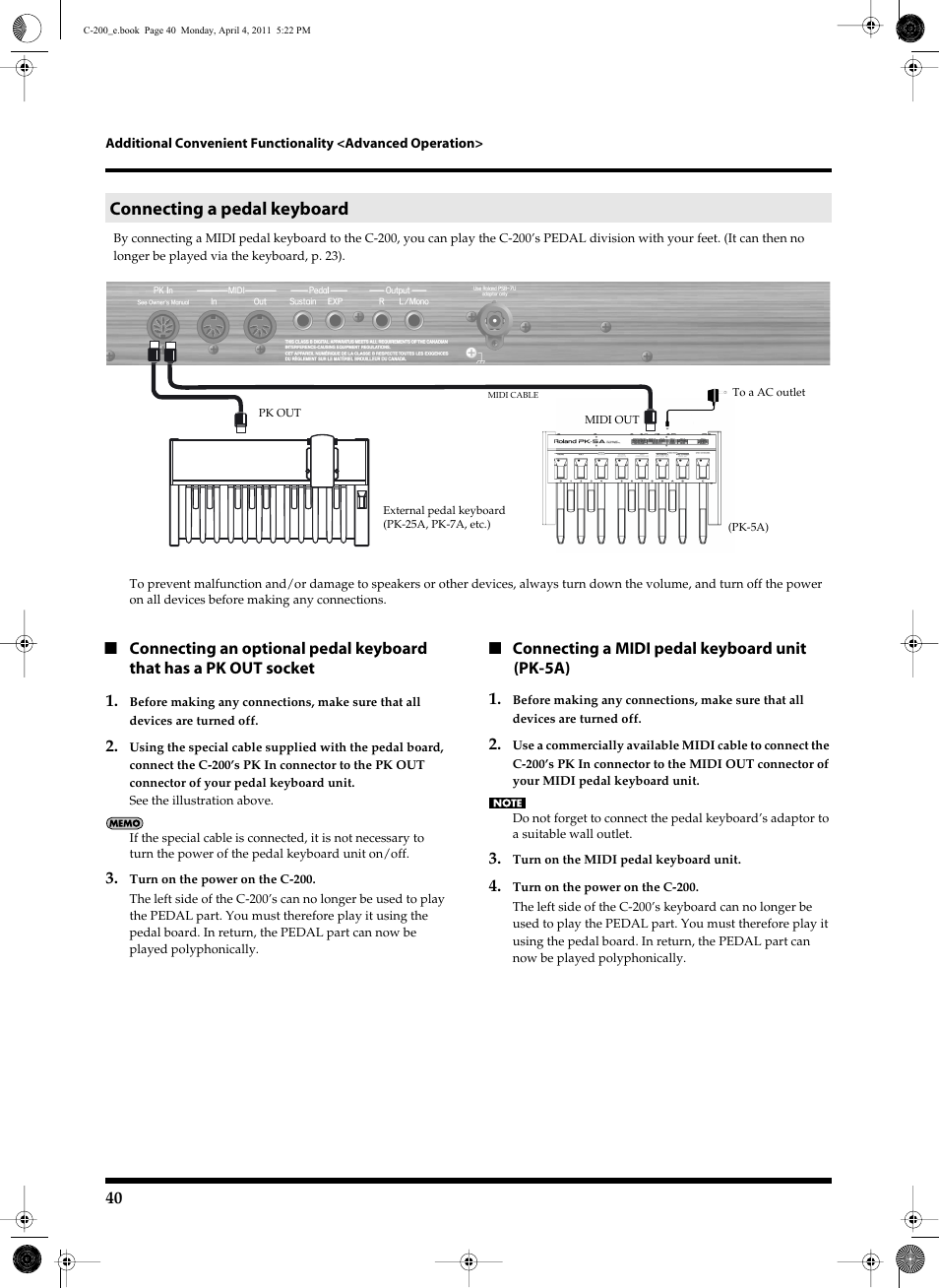 Connecting a pedal keyboard | Roland Classic Organ C-200 User Manual | Page 40 / 52