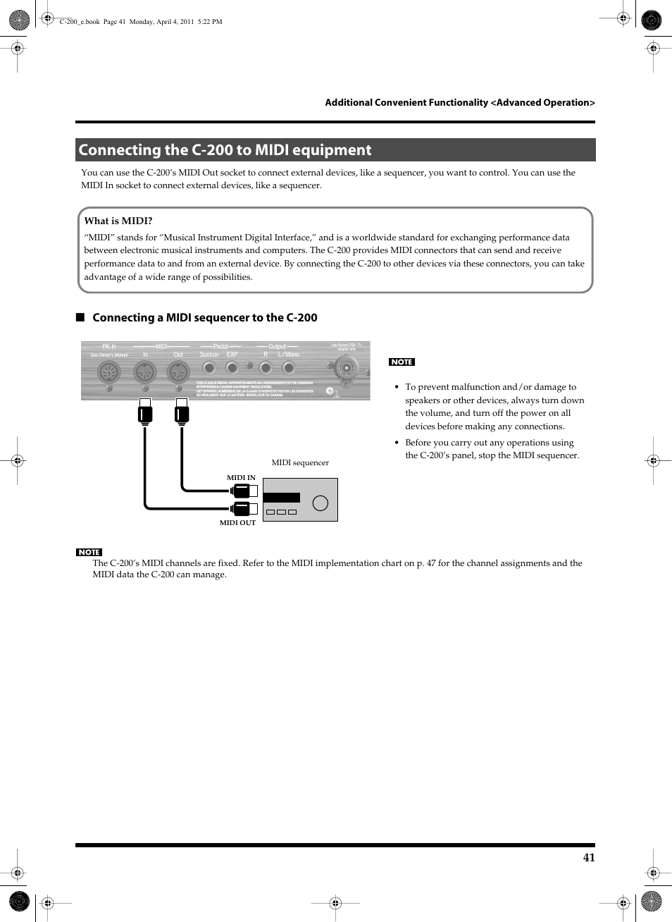 Connecting the c200 to midi equipment, Connecting the c-200 to midi equipment, Connecting a midi sequencer to the c-200 | Roland Classic Organ C-200 User Manual | Page 41 / 52