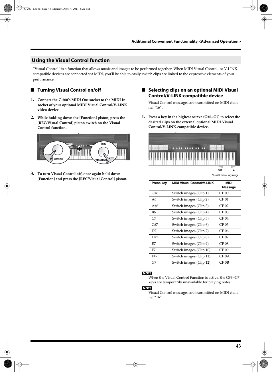 Using the visual control function, Turning visual control on/off 1 | Roland Classic Organ C-200 User Manual | Page 43 / 52