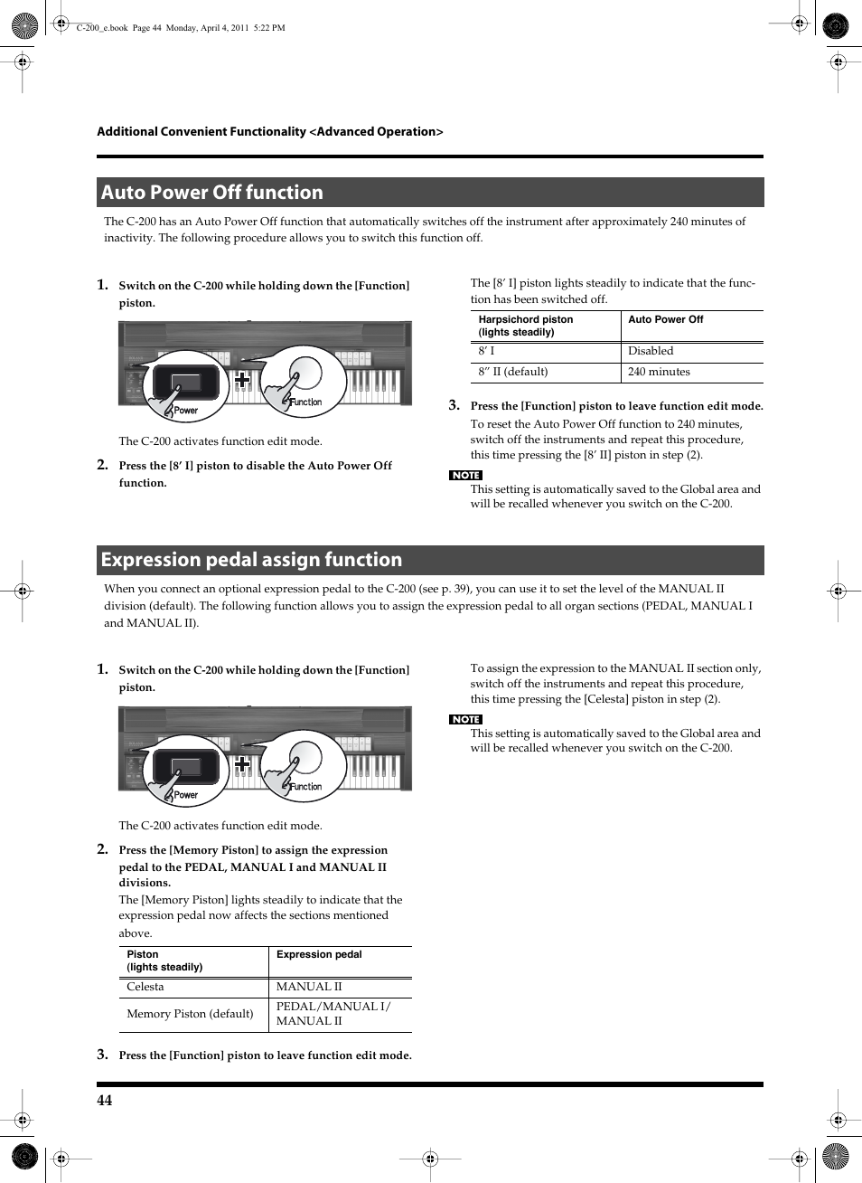 Auto power off function, Expression pedal assign function, Refer to “auto power off function” on p. 44 | Roland Classic Organ C-200 User Manual | Page 44 / 52