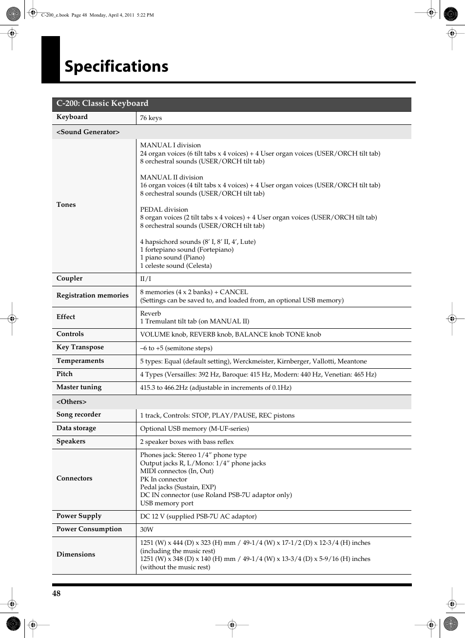 Specifications | Roland Classic Organ C-200 User Manual | Page 48 / 52