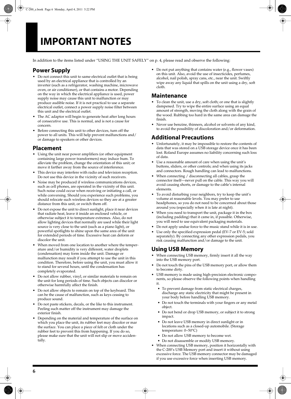 Important notes, Power supply, Placement | Maintenance, Additional precautions | Roland Classic Organ C-200 User Manual | Page 6 / 52