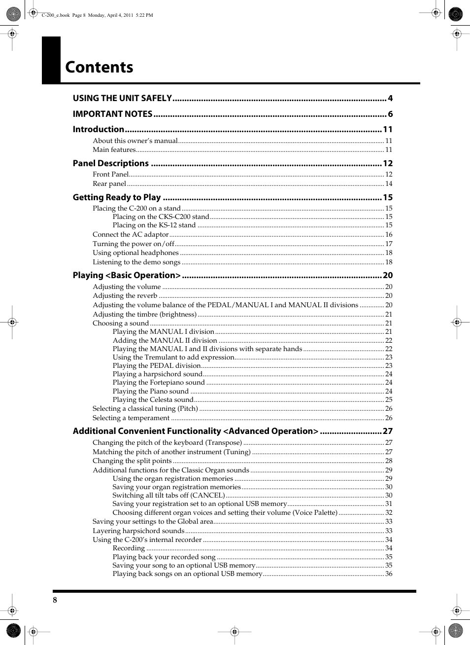 Roland Classic Organ C-200 User Manual | Page 8 / 52