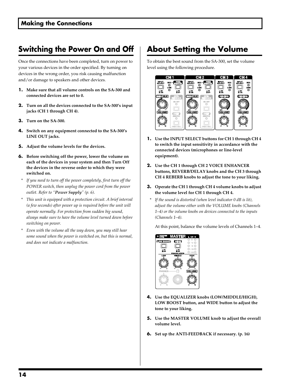 Switching the power on and off, About setting the volume, 14 making the connections | Roland SA-300 User Manual | Page 14 / 24