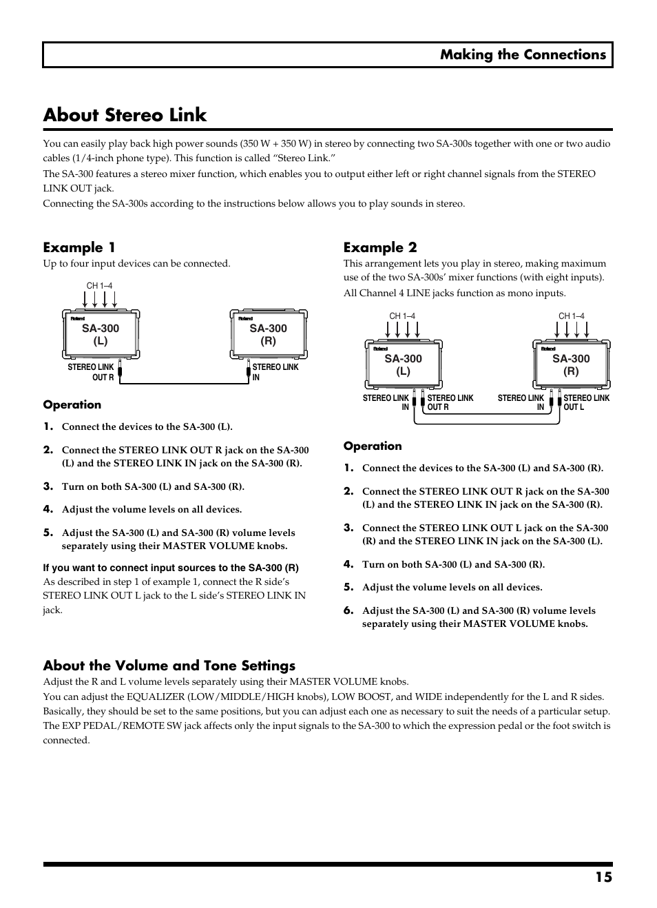 About stereo link, 15 making the connections, Example 1 | Example 2, About the volume and tone settings | Roland SA-300 User Manual | Page 15 / 24
