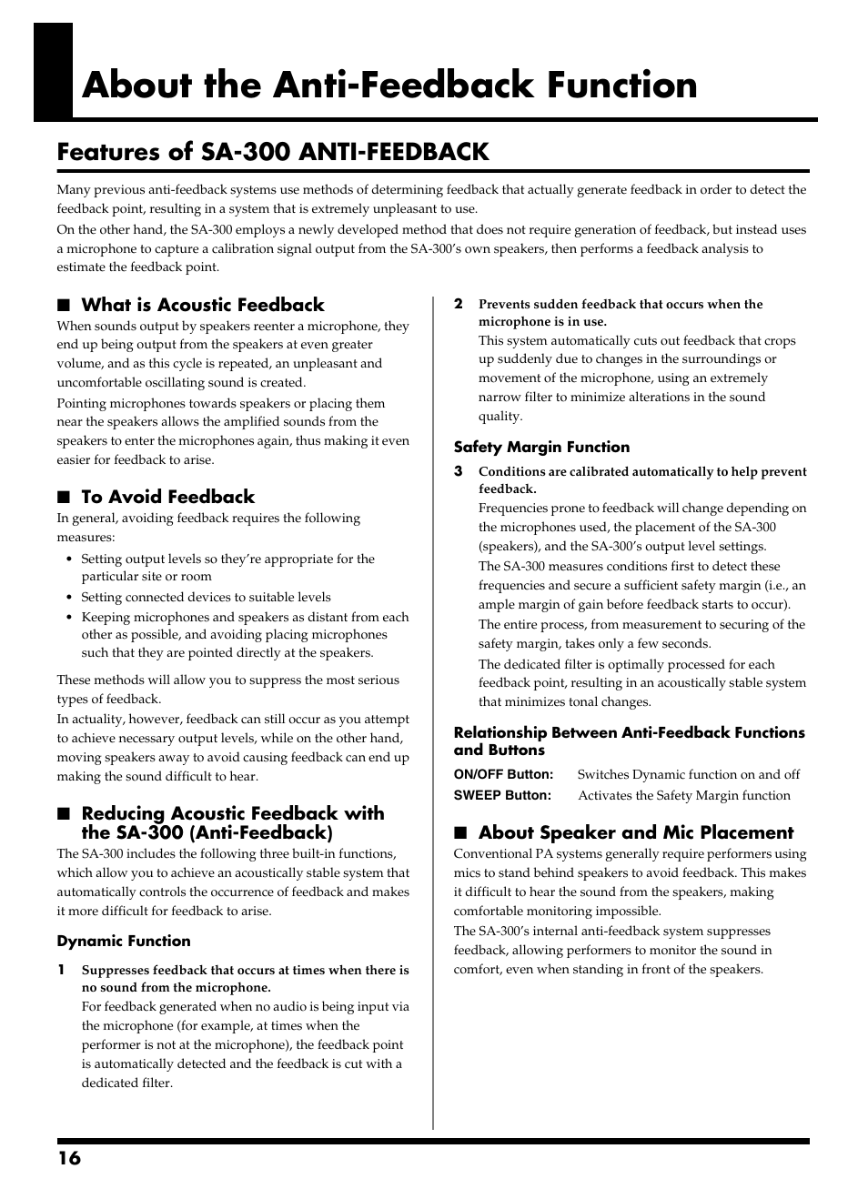 About the anti-feedback function, Features of sa-300 anti-feedback | Roland SA-300 User Manual | Page 16 / 24