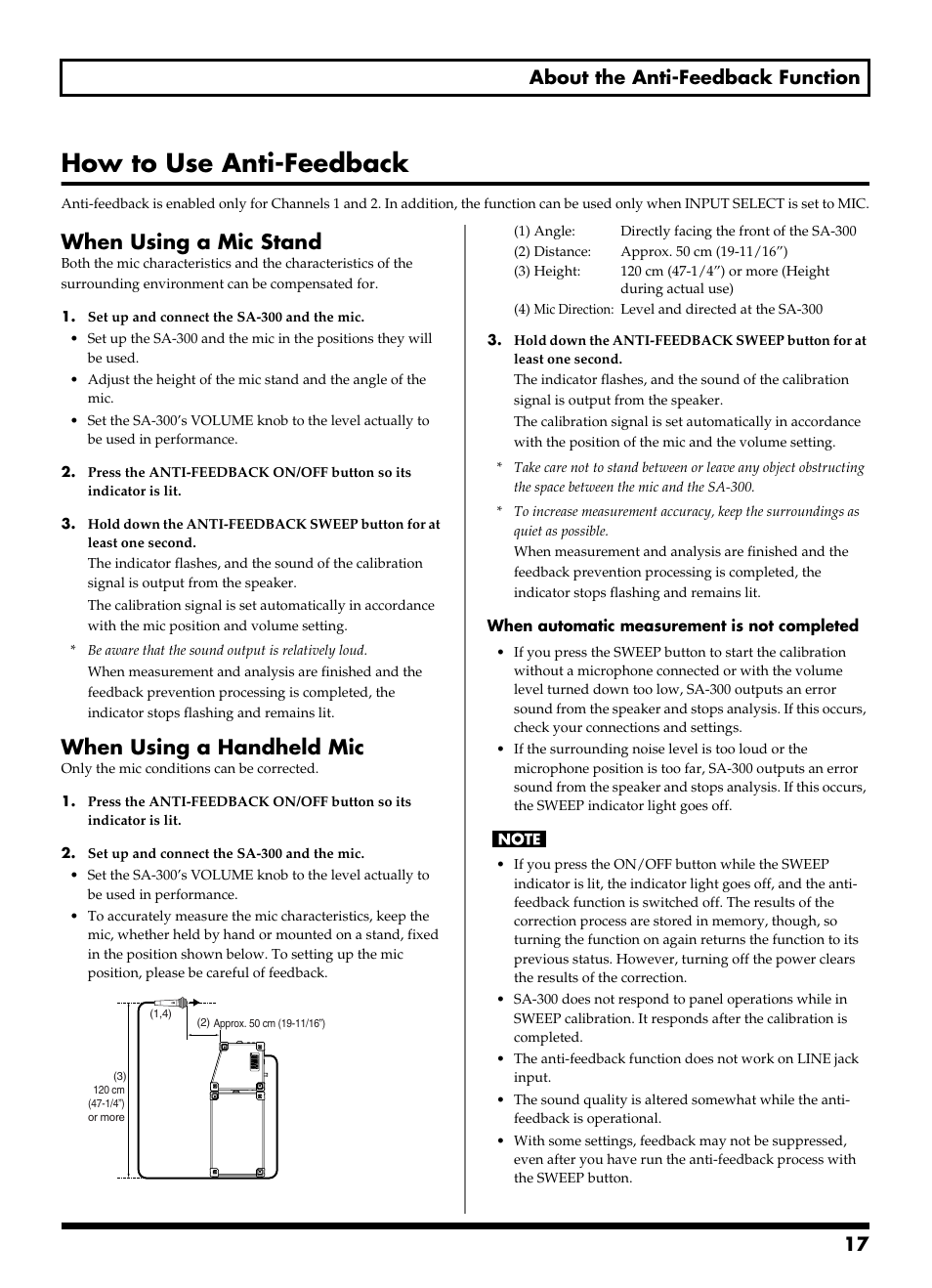 How to use anti-feedback, When using a mic stand, When using a handheld mic | 17 about the anti-feedback function | Roland SA-300 User Manual | Page 17 / 24