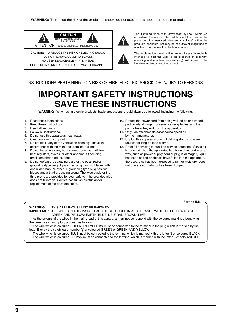 Important safety instructions | Roland SA-300 User Manual | Page 2 / 24