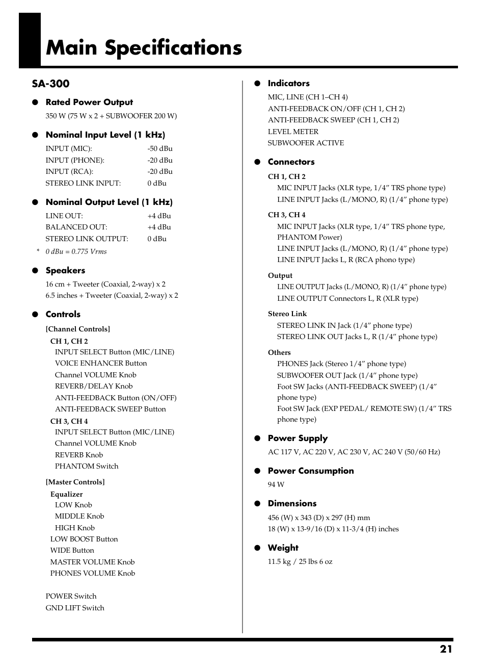 Main specifications, Sa-300 | Roland SA-300 User Manual | Page 21 / 24