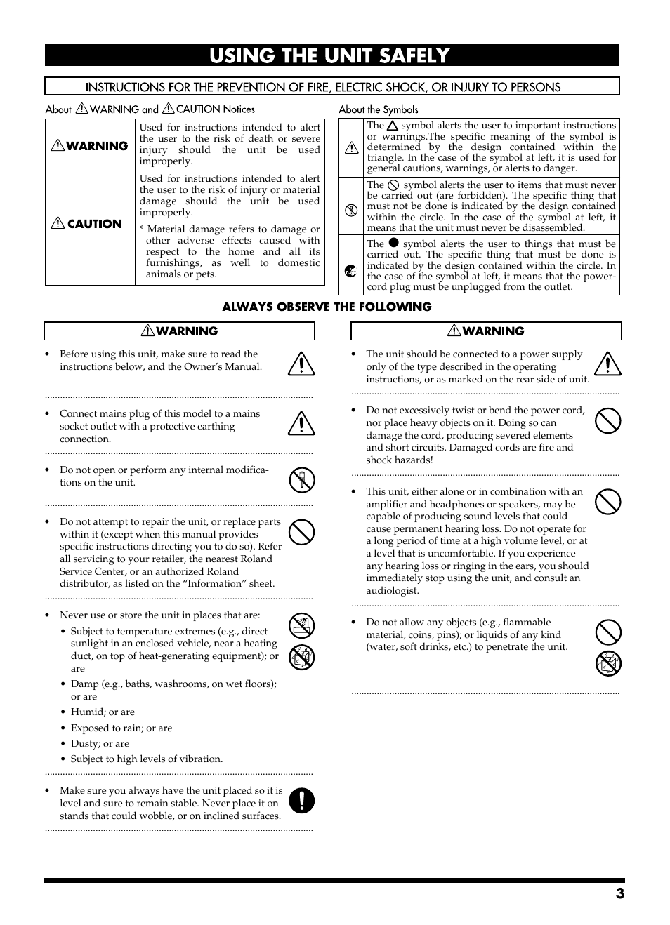 Using the unit safely | Roland SA-300 User Manual | Page 3 / 24